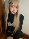 Vevesc Gothic Black Y2k Knitted Pullover Women Punk Harajuku Graphic Sweaters Grunge Solid Long Sleeve Pullovers Streetwear