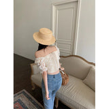 Vevesc Elegant Slash Neck Shirts Women Summer Lace Patchwork Crop Tops Sweet Korean Square Collar Puff Short Sleeve Slim Blouses