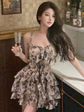 Vevesc Floral Print Vintage Dress Women Korean Fashion Party Strap Mini Dress Female Ruffle Flounce Designer Elegant Retro Dress