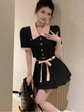 Vevesc Summer Kawaii Elegant Two Piece Set Women Korean Fashion Party Mini Skirt Set Female Bow Casual Tops + Designer Skirt New