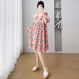 Vevesc Korean Style Double Layers Peter Pan Collar Puff Sleeve Plus Size Pregnant Woman Floral Dress Knee-length Maternity Dress Loose