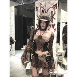 Vevesc Streetwear Leopard Long Sleeve Cardigan Constrast Color Halter Harajuku Japan Camis Tiered Gpthic Skirts Y2k Vintage Sets
