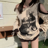 Vevesc Y2K Off Shoulder Hoodies Women Streetwear Oversized Print Sweatshirt Vintage Hollow Out Bandage Drawstring Pullovers Tops