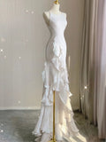 Vevesc Elegant White Round Neck Slim Fit Sleeveless Women Wedding Dress Evening Party Gown with Ruffles Vestidos De Novia