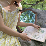 Vevesc  French Floral Print Sleeveless Dress Women Spliced Lace Bandage Waist A-line Long Dresses Summer Fairy Sweet Beach Robe