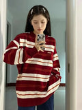 Vevesc Japanese Vintage Red White Striped Sweater Knitted Sueter Mujer Women Tops Y2k Pullovers O Neck Long Sleeve Casual Street