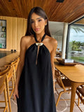 Vevesc  New Sexy Women Black Dresses Tassel Sleeveless Naked Waist Halter Dress Summer Party Evening Female Vestidos