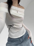 Vevesc Autumn Sexy Y2k Aesthetic Vintage T-Shirts Streetwear Off Shoulder Slim Tshirts Harajuku Bow Patchwork Bottoming Crop Tops