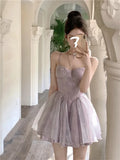 Vevesc  Sweet Bow Print Short Mini Dress Women Summer New Sweet Fluffy Party Dress Birthday Backless A-line Sleeveless Camisole Dress
