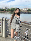 Vevesc Grey Hooded Women Clothing Vintage Street Sweatshirt Hiphop Y2K Letter Printing Pullover Long Sleeves Warm Oversize Ladies Tops