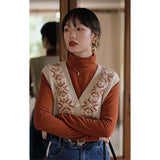 Vevesc Vintage Sweater Vest Women Print Knit Waistcoat Harajuku Cropped V Neck Sleeveless Knitwear Korean Single-Breasted Jumpers