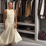 Vevesc  Elegant Patchwork Long Dress Women O-neck Sleeveless Pleated Female Dresses 2025 Summer Holiday Solid A-line Lady Loose Robe