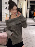 Vevesc Women's Grey Pullover Knitted Sweater Harajuku Aesthetic Y2k Long Sleeves Slash Neck Sweaters Vintage 2000s Clothes Autumn