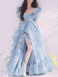 Vevesc Blue Floral Evening Party Long Dress Women Beach Summer Vintage Elegant Dresses Female Chiffon Korean Sweet Princess Dress