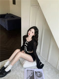 Vevesc American Vintage Black O Nekc Long Flare Sleeve Shirts Side Split Lace Up Design Streetwear Clothing Y2k Aesthetic Punk Tops