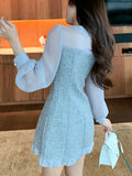 Vevesc New Spring Vintage Sexy See-through Chiffon Patchwork Tweed Mini Dress Women Ribbon Bow Single-breasted Long Sleeve Party Dress