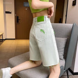 Vevesc Fashion Green Straight Denim Shorts For Women Summer Thin Hole Short Jeans New High Waist Five-point Pants