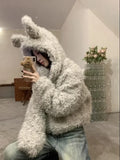 Vevesc New Lazy Fluffy Rabbit Ears Hoodie Coat Women Y2k Long Sleeve Zipper Tops Mujer Autumn Winter Thicked Warm Jackets