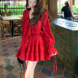 Vevesc Elegant V-neck Ruffles Long Sleeve Tops Women+ Y2k E-Girl High Waist Ruched A-line Skirts Spring New Red Two Piece Sets