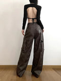 Vevesc Brown Classic  leather Retro All-match Casual High Street Fashionable Cool Confident Youth Hip-hop Women Autumn Straight Leg Pants