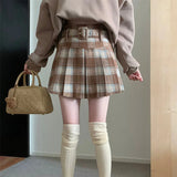 Vevesc Vintage Plaid Wool Skirt Women Preppy Style Sweet Mini Skirts Korean Fashion Autumn Winter Retro Pleated Short Skirts