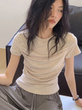 Vevesc Fairy Grunge Pleated Solid Vintage T-shirt Summer Y2k Aesthetic Short Sleeve Crop Tops Harajuku Slim Tshirt New Streetwear