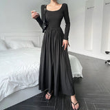 Vevesc  Hepburn Style Fashion Elegant Women A Line Dress Summer Elastic Slim Long Sleeve Midi Dress High Waist O Neck Pleated Dress