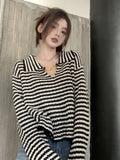 Vevesc Women Black Striped Pullover Knitted Sweater 90s Aesthetic Harajuku Long Sleeve Mohair Sweater Y2k 2000s Vintage Fashion Clothes