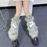 Vevesc Soft White Fluffy Star Appliques Leg Warmer Women Warm Faux Fur Stockings Long Socks Legging Foot Boot Covers Thick Calf Socks