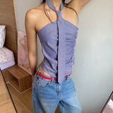 Vevesc Blue Stripe Printed Tie Design Button Up Crop Top Shirt Asymmetrical Tank Tops Y2k Korean Fashion Clothing