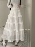 Vevesc White Y2K Japanese Lace Cake Ruched Patchwork Mid-Calf High Waist Ruffles Skirts A-line Women Sweet Elegant Skirt Korean Chic