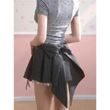 Vevesc Sweet Kawaii Gray Pleated Skirt Women Bow Lace Patchwork Mini Skirts Lolita Dot Print Cutecore Fashion Short Skirts