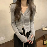 Vevesc Long Sleeve Gray Camisetas Slim Waist Women Bottoming V Neck Irregular Cross Tees Y2k Korean Casual Streetwear Tshirts