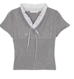Vevesc  Lace Patchwork T Shirt for Women Spring Summer V Neck Y2k Korean Fashion Ropa De Mujer Bows Sweet Retro Camisetas