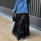 Vevesc Y2k Vintage Floral See-Through Maxi Skirts Aesthetic Clothes Lace Sheer A-Line Skirt Women High Street Beach Vacation Cover-ups