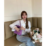 Vevesc Elegant White Shirts Women Korean Ruffles Bandage Crop Tops Vintage Sweet Flare Long Sleeve Double Breasted Slim Blouses