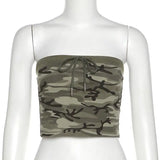 Vevesc Y2K Sexy Lady Camo Tubes Tops for Women Camouflage Lace Up Strapless Bandeau Military Crop Tops Off Shoulder Bandeau Tops Femme