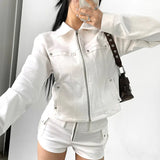 Vevesc Streetwear Vintage Solid Rivet Grunge Crop Coats Women Loose Y2k Aesthetic Zipper Jacket Casual Harajuku Pocket Tops Streetwear