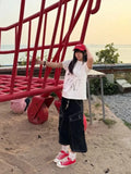 Vevesc  Vintage Black Women Cargo Jeans Pocket Wide Leg American Style Straight Denim Pants Washed Overzised Streetwear Summer