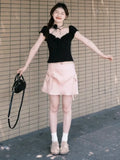 Vevesc Y2k Aesthetic Vintage Summer Black Print Tees Slim Streetwear Puff Sleeve Tshirts Women Harajuku Grunge Bottoming Sweet Crop Top
