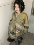 Vevesc Vintage Star Knitted Cardigan Women Harajuku Autumn Winter Oversized Sweater Retro Embroidery Tops Fairycore Aesthetic