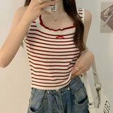 Vevesc Knitted Striped Tanks Women Bows Y2k Crop Tops Sweet Harajuku Females Students New Arrival Fashion Korean Casual Summer Mujer