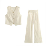 Vevesc  Summer New Women's All Cotton Casual Fashion Slim Fit V-neck Single breasted Vest&Wide Leg Pants Set