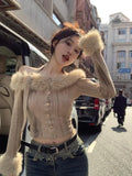 Vevesc Fur Collar Off Shoulder Halter Tops Mujer Y2k Slim Fit Long Sleeve Cardigan Autumn Winter New Bottoming Sweaters