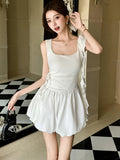 Vevesc  White Patchwork Ruffled Chic Mini Dress Women Elegant Casual Sling Dress Summer Korean Fashion Bodycon Festival Party Dress