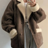 Vevesc  Vintage Suede Jacket for Women Warm Winter Mustang Jackets Fleece Casual Oversize Lamb Wool New Outwear Korean Fashion