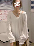 Vevesc Korean Style Solid Hoodies Women Harajuku Sexy Off Shoulder Sweatshirts V-neck All-match Long Sleeve Tops Gothic Grunge