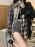 Vevesc Women Patchwork Plaid Shirts and Blouses Y2k Vintage Korean Harajuku Fashion 90s Elegant Long Sleeve Polo-Neck Shirt Top Clothes