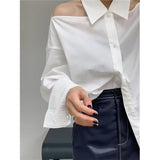 Vevesc Y2K White Shirts Women Streetwear Sexy Halter Hollow Out Long Sleeve Blouse Korean Lady Elegant Off Shoulder Loose Tops