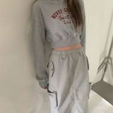 Vevesc American Vintage High Waist Sudaderas Mujer Letter Slim Y2k Women Hooded Chic Preppy Style Crop Tops Sweatshirts Short